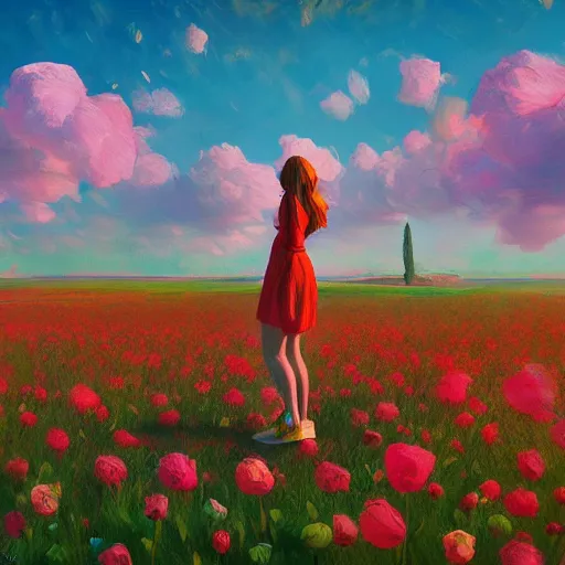 Prompt: giant rose as a head, girl standing in a flower field, surreal photography, sunrise dramatic light, impressionist painting, colorful clouds, digital painting, artstation, simon stalenhag