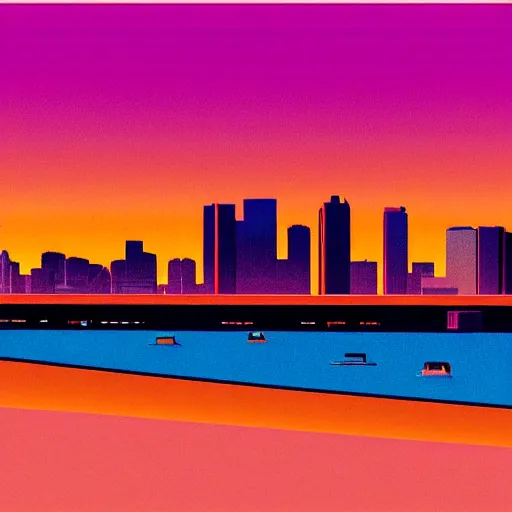 Prompt: a north american city at sunset, 1 9 9 0 s, skyline, bright sky with orange / pink undertones, in the style of hiroshi nagai, detailed