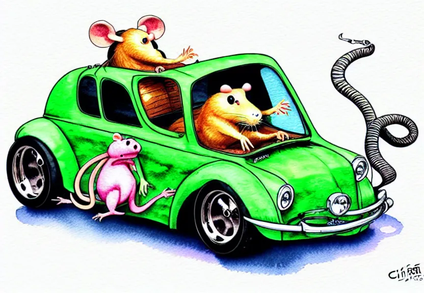 Image similar to cute and funny, rat riding in a tiny hot rod coupe with oversized engine, ratfink style by ed roth, centered award winning watercolor pen illustration, isometric illustration by chihiro iwasaki, edited by range murata