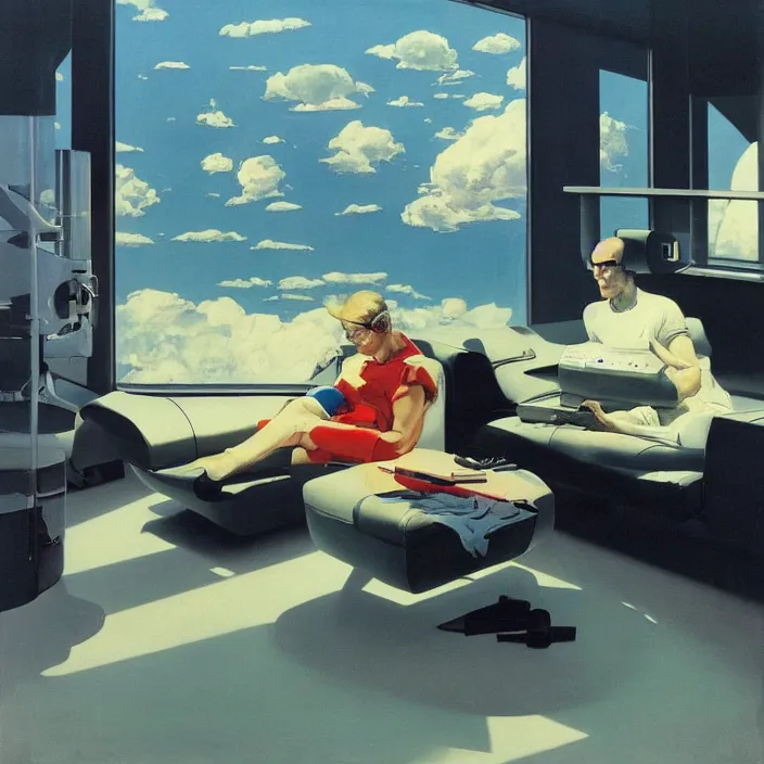 Image similar to a futuristic minimalist lounge room with a big window opening up to a wide open meadow with billowing clouds in the sky. highly detailed science fiction painting by norman rockwell, frank frazetta, and syd mead. rich colors, high contrast, gloomy atmosphere. trending on artstation.