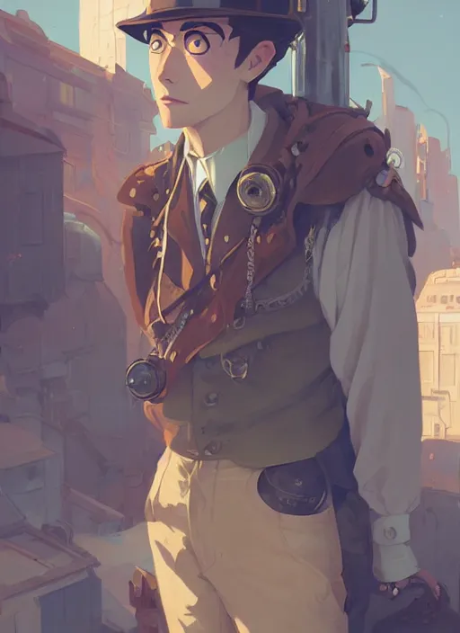 Image similar to detailed portrait of beautiful male steampunk traveller, by cory loftis, atey ghailan, makoto shinkai, hasui kawase, james gilleard, beautiful, peaceful, calm