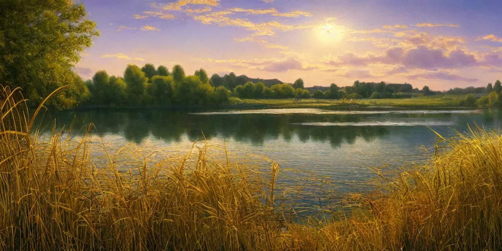 Image similar to a beautiful lake landscape in summer, romantic ambiente, reed on riverbank, no mountains, clear sky, sunshine, colorful, by Ernest deutsch + Ted Nasmith, cinematic lighting, masterpiece, highly detailed, 8k resolution, trending on art station