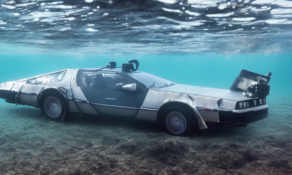 Prompt: photo of a delorean swimming underwater with sharks