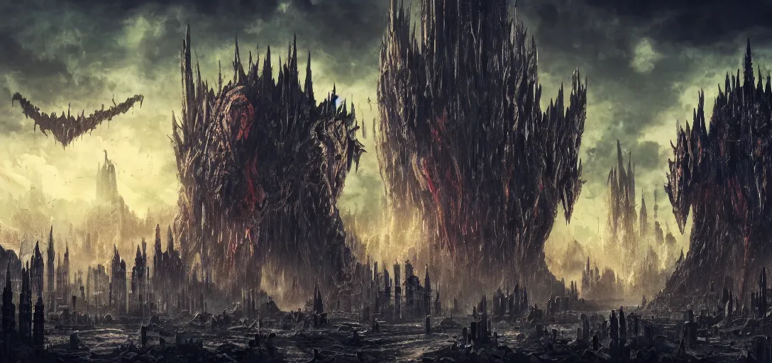 Prompt: Giant Monsters attacking a Mega City, gothic art, color, eerie, horror, scary, ominous, 8k, highly detailed