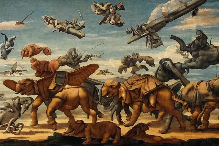 Prompt: “a Hellenistic painting of Lockheed Martin designed war elephants with missiles strapped to them, virtuoso, masterpiece, 8k, Michelangelo”