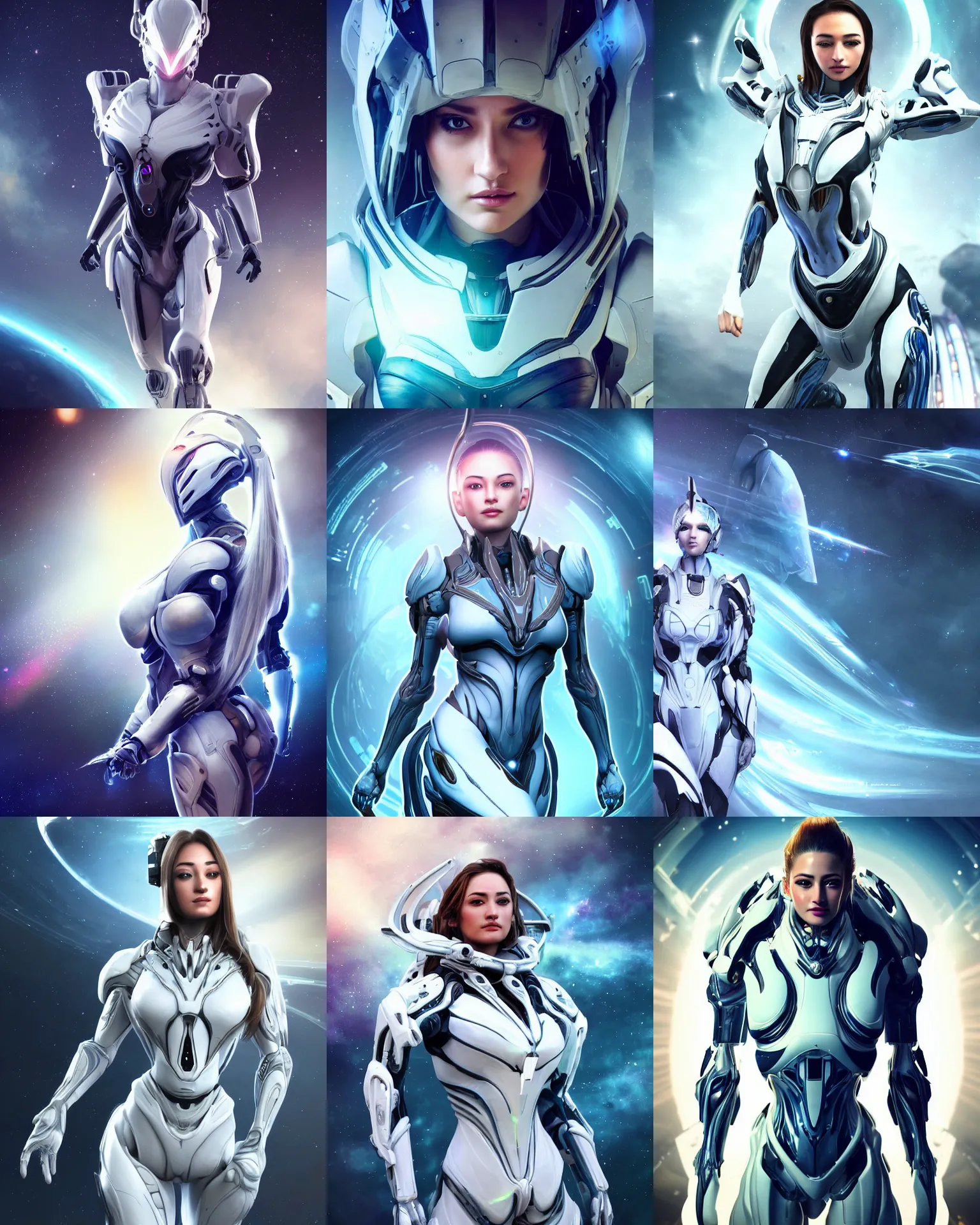 Prompt: photo of a beautiful dani daniels on a mothership, android, warframe armor, pretty face, scifi, futuristic, galaxy, raytracing, dreamy, perfect, aura of light, pure, white hair, blue cyborg eyes, glow, insanely detailed, artstation, innocent look, art by gauthier leblanc, kazuya takahashi, huifeng huang