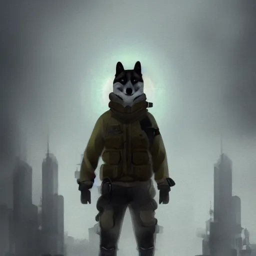 Prompt: postapocalyptic foggy moody cinematic stil portrait of anthropomorphic anthro shiba inu wearing soldier helmet gear , 4k trending on artstation by rutkowski