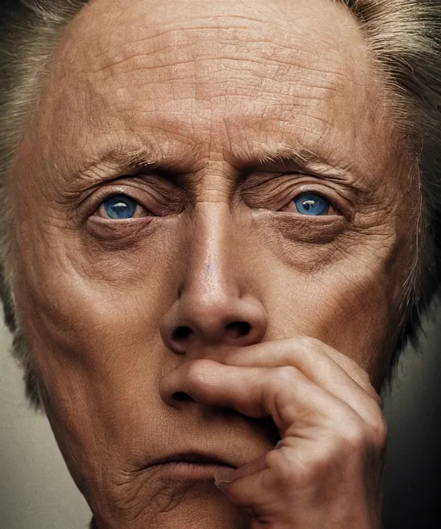 Image similar to a color photograph of christopher walken, by annie leibovitz and thomas ruff, platinum blond, intense, bold, exaggerated, overblown, ultra sharp, extra details, ultra high quality, trending on pinteresst