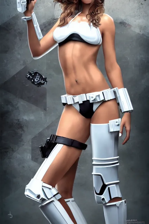 Prompt: a sexy female stormtrooper in white bikini, stormtrooper - helmet, sexy pose, detailed digital matte painting in the style of banksy
