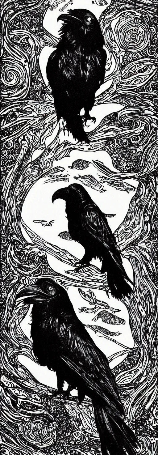 Image similar to psychedelic, monochrome artwork!!, of a raven and raven combined, in front of an owl that is a window into the ocean, by didier comes, graphic novel art,