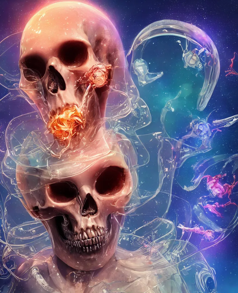 Image similar to close-up macro portrait of the face of a beautiful princess rotten skull in a spaceman suit, epic angle and pose, symmetrical artwork, 3d with depth of field, blurred background, cybernetic jellyfish female face skull phoenix bird, translucent, nautilus, energy flows of water and fire. a highly detailed epic cinematic concept art CG render. made in Maya, Blender and Photoshop, octane render, excellent composition, cinematic dystopian brutalist atmosphere, dynamic dramatic cinematic lighting, aesthetic, very inspirational, arthouse. y Greg Rutkowski, Ilya Kuvshinov, WLOP, Stanley Artgerm Lau, Ruan Jia and Fenghua Zhong