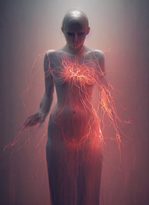 Image similar to rgb wires, portrait, woman, fire, rage, cinematic, movie scene, inspired by zdzislaw beksinski, clothes made out of veins,, cables everywhere, bedroom, ultra realistic, concept art, intricate details, highly detailed, photorealistic, octane render, 8 k