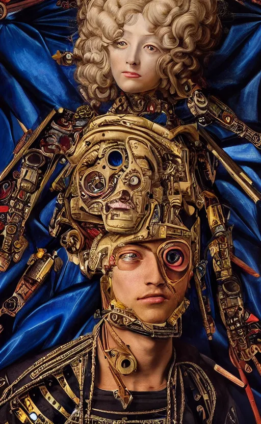 Prompt: beautifully painted mural of a young cyborg king in ornate royal fabric, piercing glowing eyes, sci fi scenery, vogue cover poses, mural in the style of sandro botticelli, caravaggio, albrecth durer