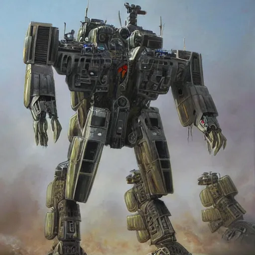 Image similar to oil painting of a huge military mech, sleek, elegant, anime style, highly detailed, complex, intricate by james gurney