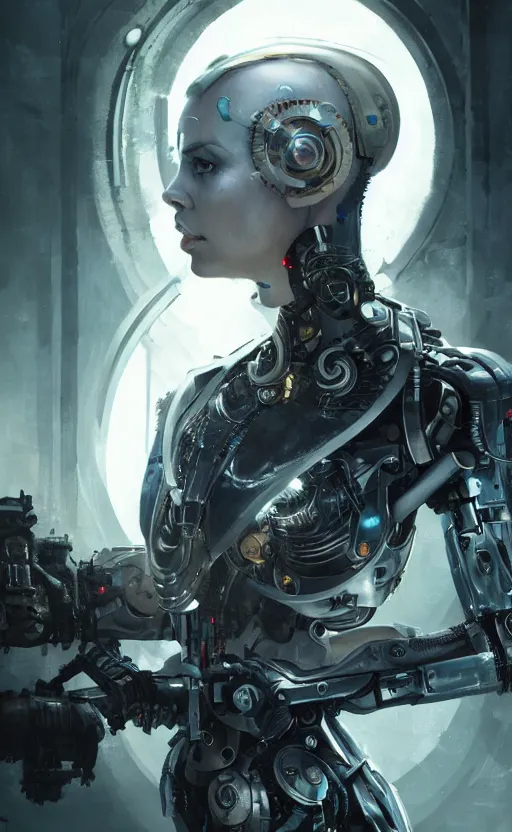 Image similar to a cyborg demon girl, charlize theron, flawless symmetrical pretty cute face, greg rutkowski, 8 k, shallow depth of field, intricate detail, concept art,