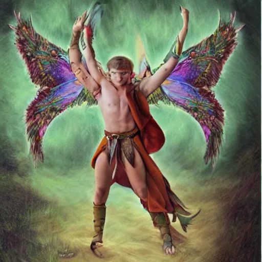 Prompt: hyper realistic color pencil drawing of a young male fairy druid with hawk wings, D&D character Art, detailed, rim light, diffused, intricate