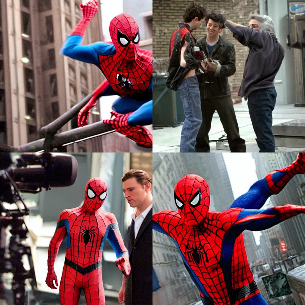 Prompt: behind the scenes photo on the set of spider - man 2 0 0 2, high definition