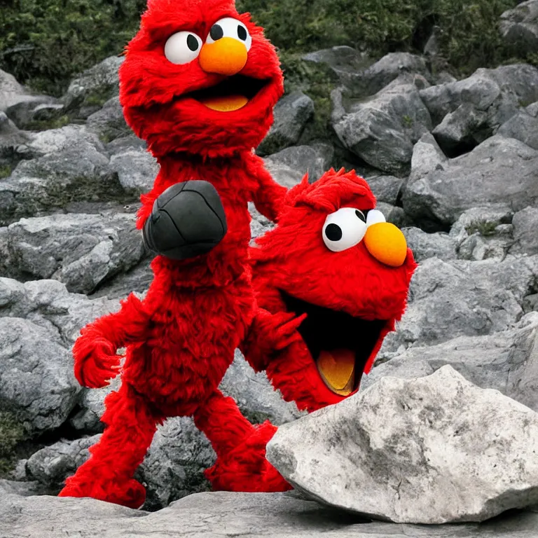 Prompt: Elmo fighting against a rock, photograph