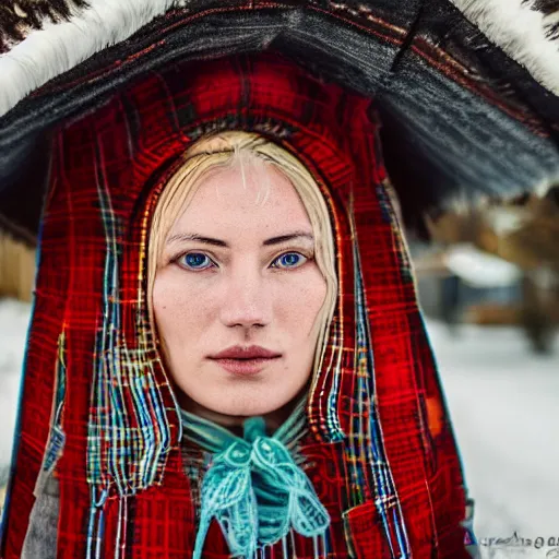 Image similar to an extremely beautiful!!!! young blonde woman with symmetric face. sensual. wearing traditional greenlandic national dress. in front of her house. petzval lens. shallow depth of field. on flickr, award winning. ethnographic portraiture photograph