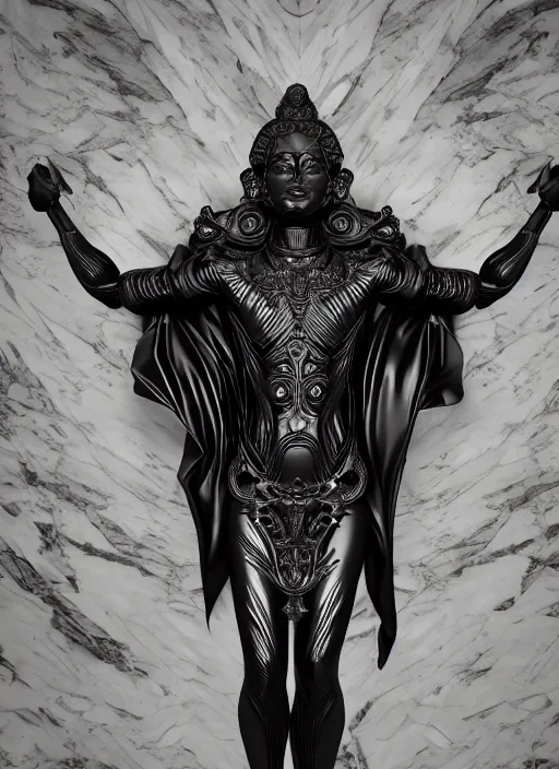 Prompt: stylized onyx black gold lines dark severe lighting ornate statue full body made of marble of judas, perfect symmetrical body, perfect symmetrical face, hyper realistic, hyper detailed, by johannen voss, by michelangelo, octane render, blender, 8 k, displayed in pitch black studio room