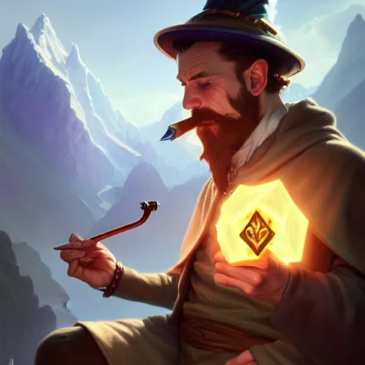 Image similar to male, wizard, smoking pipe, glacier landscape, D&D, fantasy, intricate, elegant, highly detailed, digital painting, artstation, octane render, concept art, matte, sharp focus, illustration, hearthstone, art by Artgerm and Greg Rutkowski and Alphonse Mucha