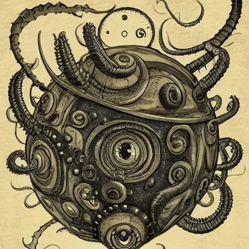 Image similar to a spherical eldritch horror with multiple eyestalks and a large central eye floating in the air above a fantasy medieval city in the style of a beholder from dungeons and dragons