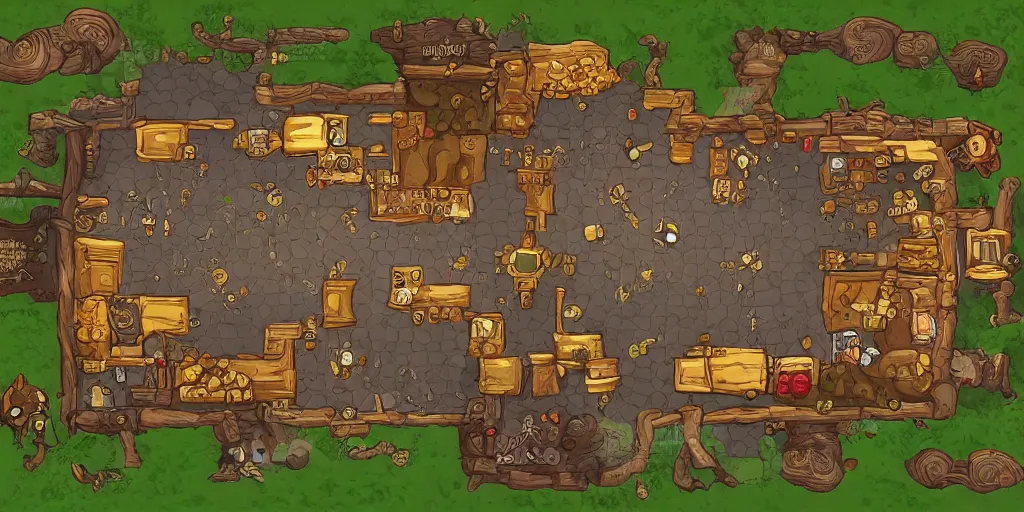 Image similar to A high detailed vector art presenting an aerial view of a RPG tavern by dofus , Patreon content, containing tables and walls, HD, straight lines, vector, grid, dnd map, map patreon, fantasy maps, foundry vtt, fantasy grounds, aerial view ,dungeondraft , tabletop, inkarnate, dugeondraft, roll20