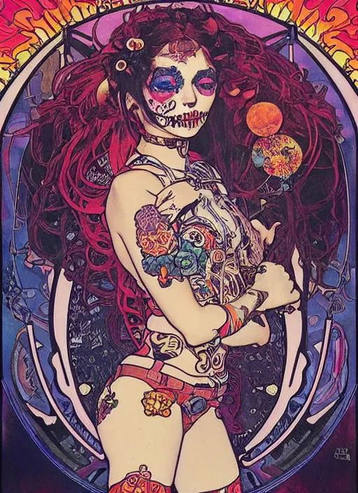 Image similar to cute punk goth fashion fractal Día de los Muertos tattooed girl posing in a astronaut suit, psychedelic poster art of by Victor Moscoso Rick Griffin Alphonse Mucha Gustav Klimt Ayami Kojima Amano Charlie Bowater, masterpiece