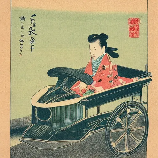 Image similar to a japanese print of a woman driving a frog car