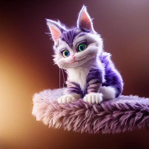 Image similar to full body pose, hyperrealistic photograph of the cheshire cat as a cute kitten, dim volumetric lighting, 8 k, octane beautifully detailed render, extremely hyper detailed, intricate, epic composition, cinematic lighting, masterpiece, trending on artstation, very very detailed, stunning, hdr, smooth, sharp focus, high resolution, award, winning photo, dslr, 5 0 mm