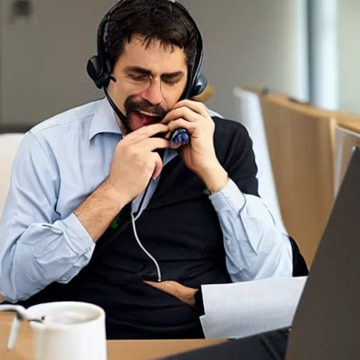 Prompt: “a man talking on the phone to Qantas customer support”