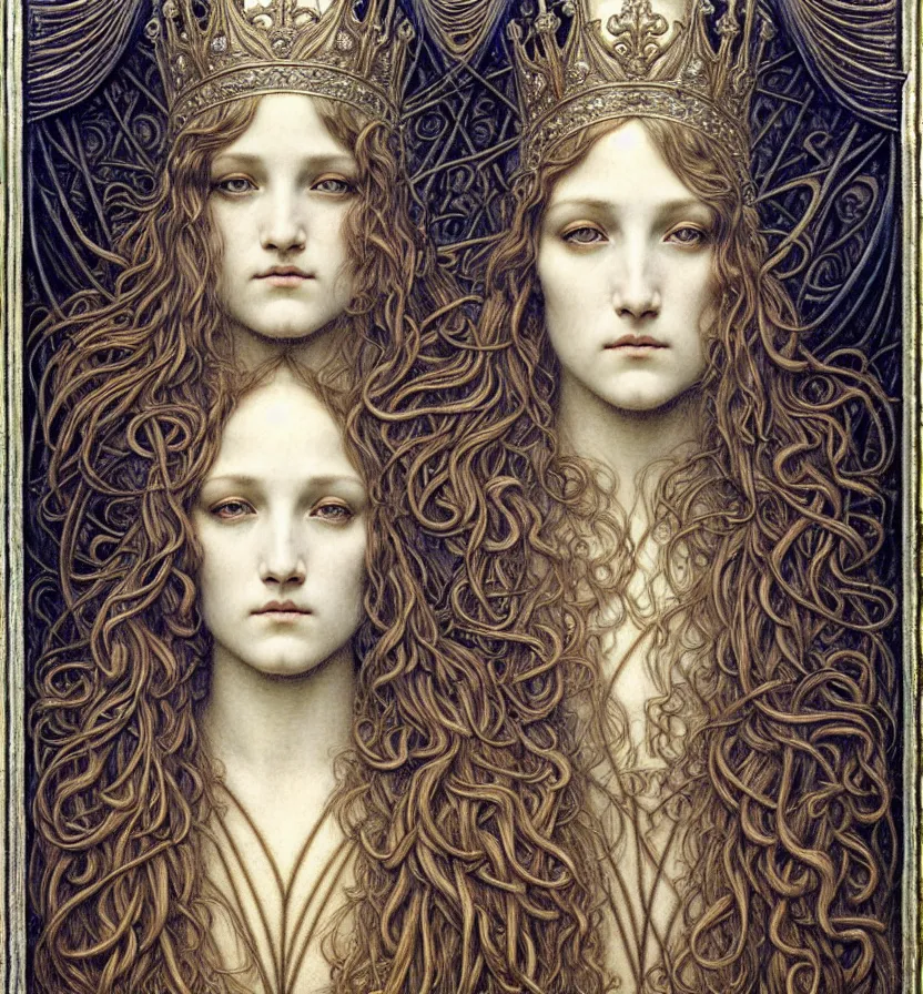 Image similar to detailed realistic beautiful young medieval queen face portrait by jean delville, gustave dore and marco mazzoni, art nouveau, symbolist, visionary, gothic, pre - raphaelite. horizontal symmetry