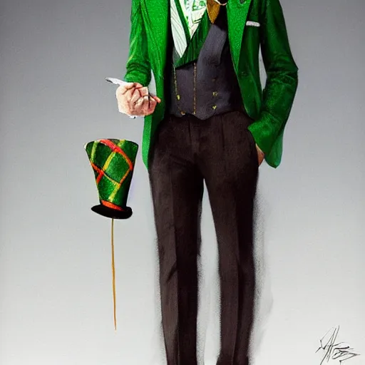 Image similar to hyper realistic portrait painting, beautifully rendered, dapper fancy luigi wearing a green top hat, green suit and bowtie, smirking deviously, painted by greg rutkowski, wlop, artgerm, dishonored 2