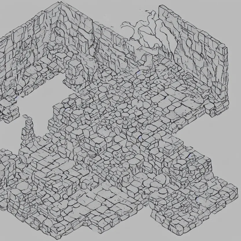 Prompt: isometric view of the outside of a cave, lineart