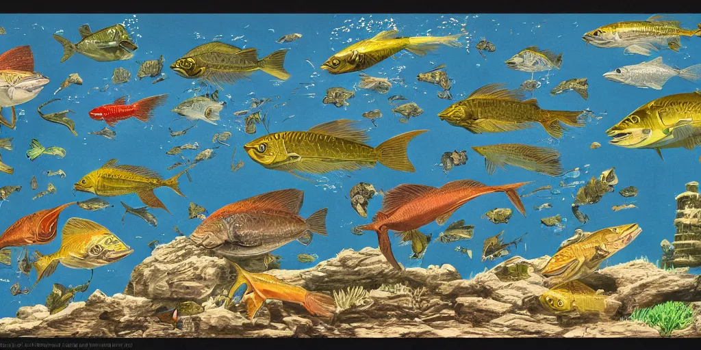 Prompt: full color page scan of vintage fish illustrations on black background, in matte painting, 2 d, kitbash, 4 k,