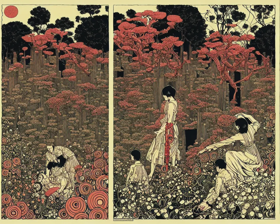 Prompt: garden of eternal delights by yuko shimizu and malczewski