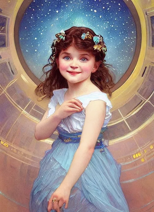 Image similar to a cute little girl with a round cherubic face, blue eyes, and short wavy light brown hair smiles as she floats in space with stars all around her. she is wearing a turquoise dress. beautiful painting by artgerm and greg rutkowski and alphonse mucha