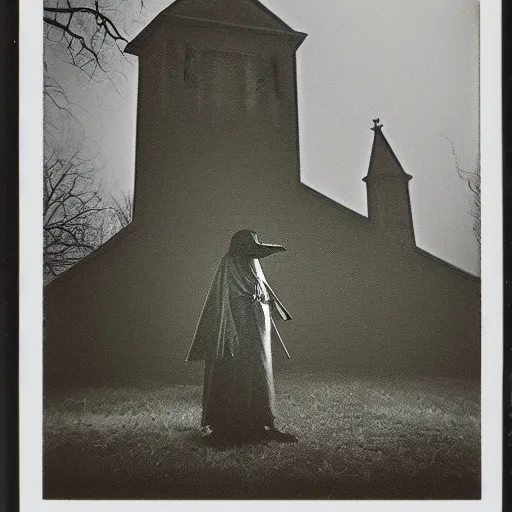 Image similar to polaroid plague doctor staying in front of the anandoned church in the woods, dark, moody, gloomy, foggy