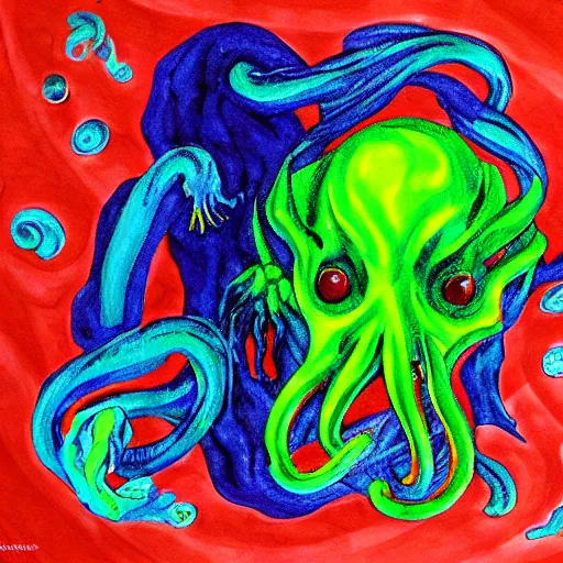 Prompt: Cthulhu painted in the style of Eric Carle