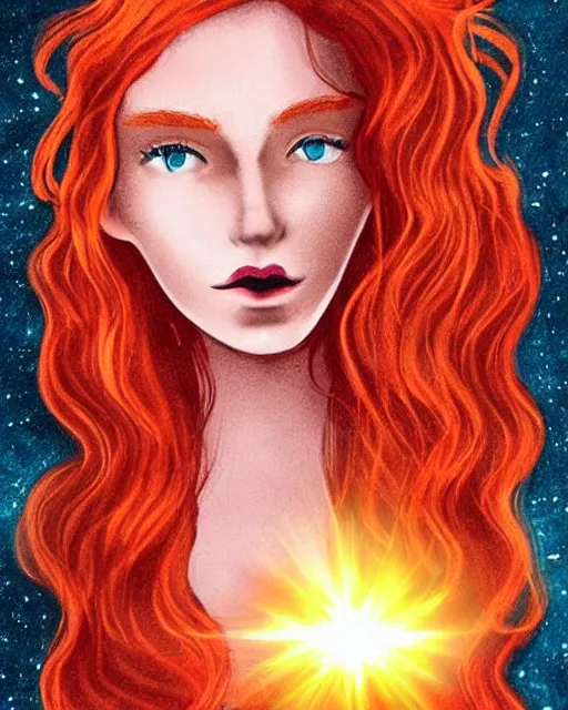 Image similar to tarot card of space astral girl, red hair, ginger hair, fantasy, glowing skin, smooth face, perfect eyes