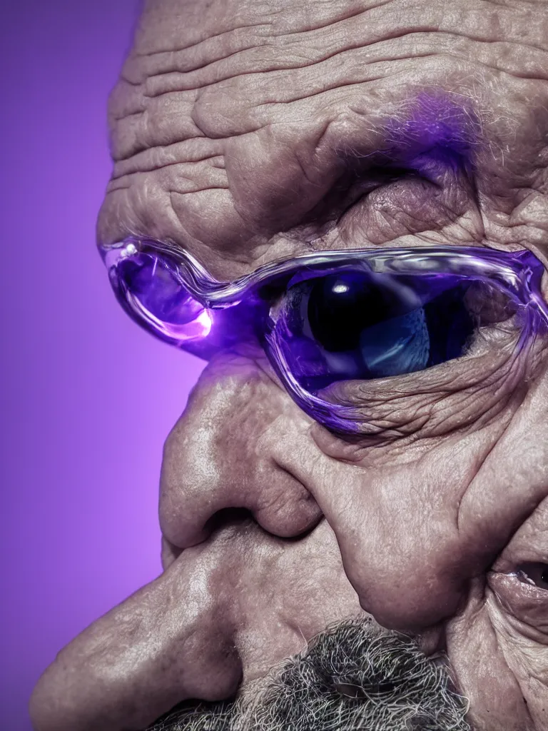 Prompt: an ultra wide fish eye close up portrait photo of an old man with a purple floodlight shined on him, 4 k, 8 k, ultra hd, photorealistic.