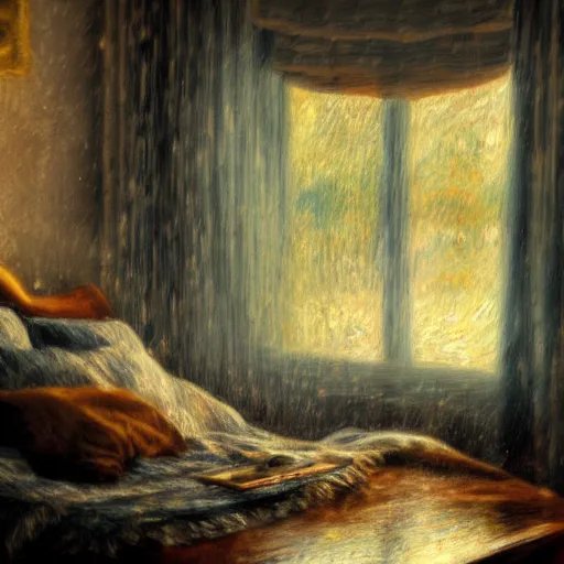 Image similar to on a rainy day, someone in home sits in bed, curled up under the covers, looking out the window, cinematic, artstation, extremely detailed, intricate, cinematic lighting, art by pierre - auguste renoir