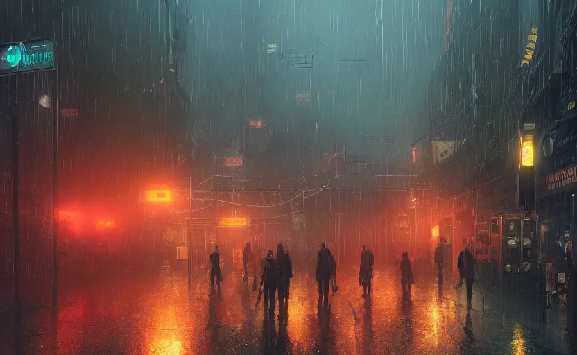 Prompt: A digital painting of a close-up view of a raining cyberpunk street, with four vending machines, some street lights and padestrians, by Ismail Inceoglu and Caspar David Friedrich, 4k, ue5, light effect, rtx on, realistic, cinematic, trending on artstation