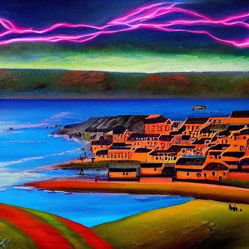 Prompt: a painting of a landscape panorama of a cozy seaside village with a menacing lightning storm on the ocean horizon, vivid colors, by anthony micallef by camille rose garcia,