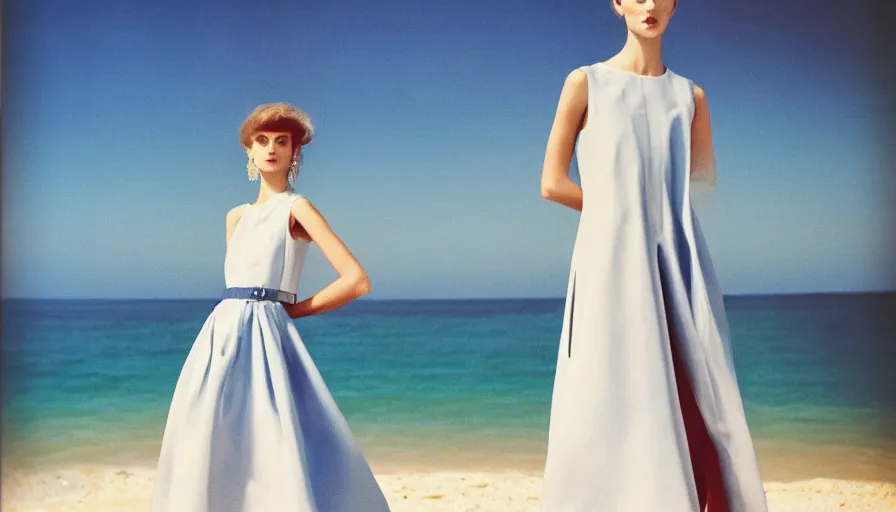 Prompt: 1 9 8 8 italia vogue magazine photo of a dress with cotton underskirt set, christian dior style, mediterranean beach background, refracted color lines, night, flash photography