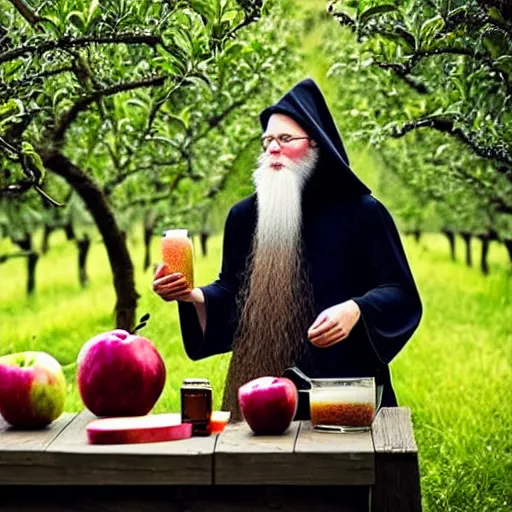 Image similar to beautiful professional photograph of a wizard with a very long white beard, creating, making, brewing, potions, elixirs, potions, in an apple orchard