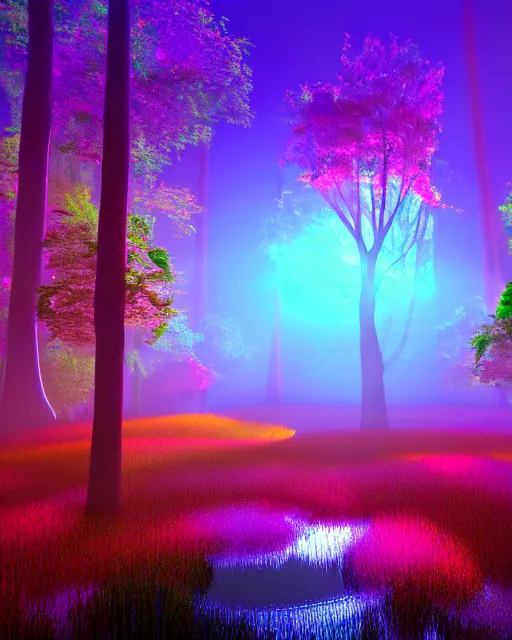 Image similar to mystical forest with a pond with a bright beam of light shining down through the clouds colorful trippy acid trip colorful 8 k 3 d sunshine rays volumetric lighting trending on artstation vray colorful