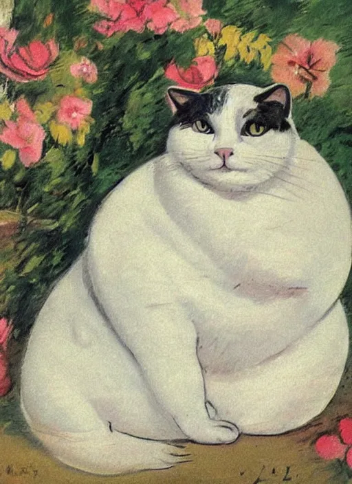 Prompt: vintage beautiful painting of a fat white cat in Mary Cassatt style