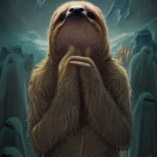 Image similar to unholy sloth, sloth monster, animal sloth, anthropomorphic sloth, demon sloth, demonic robes, damnation, hell, fear, dirty matted fur, evil, horror, fire, gloomy mood, ultra details, art by artgerm, dwayne barlowe, trending on artstation and greg rutkowski and alphonse mucha, 8 k