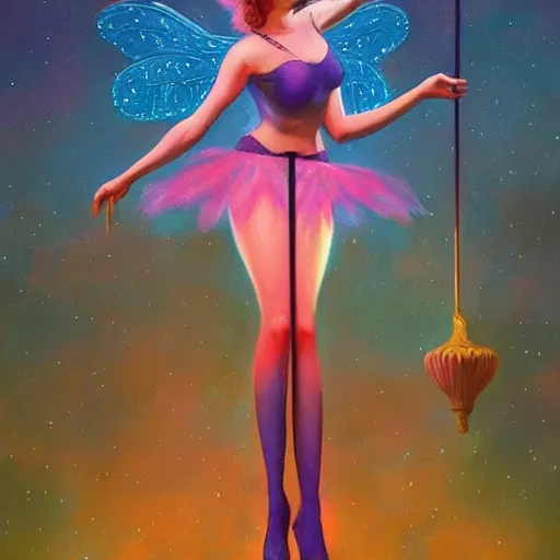 Prompt: A beautiful poledancing fairie, symmetrical features, cinematic lighting, soft bokeh, fantasy, modern, colourful, highly detailed, digital painting, artstation, deviantart, concept art, sharp focus, illustration, by Edward Hopper and Rene Magritte